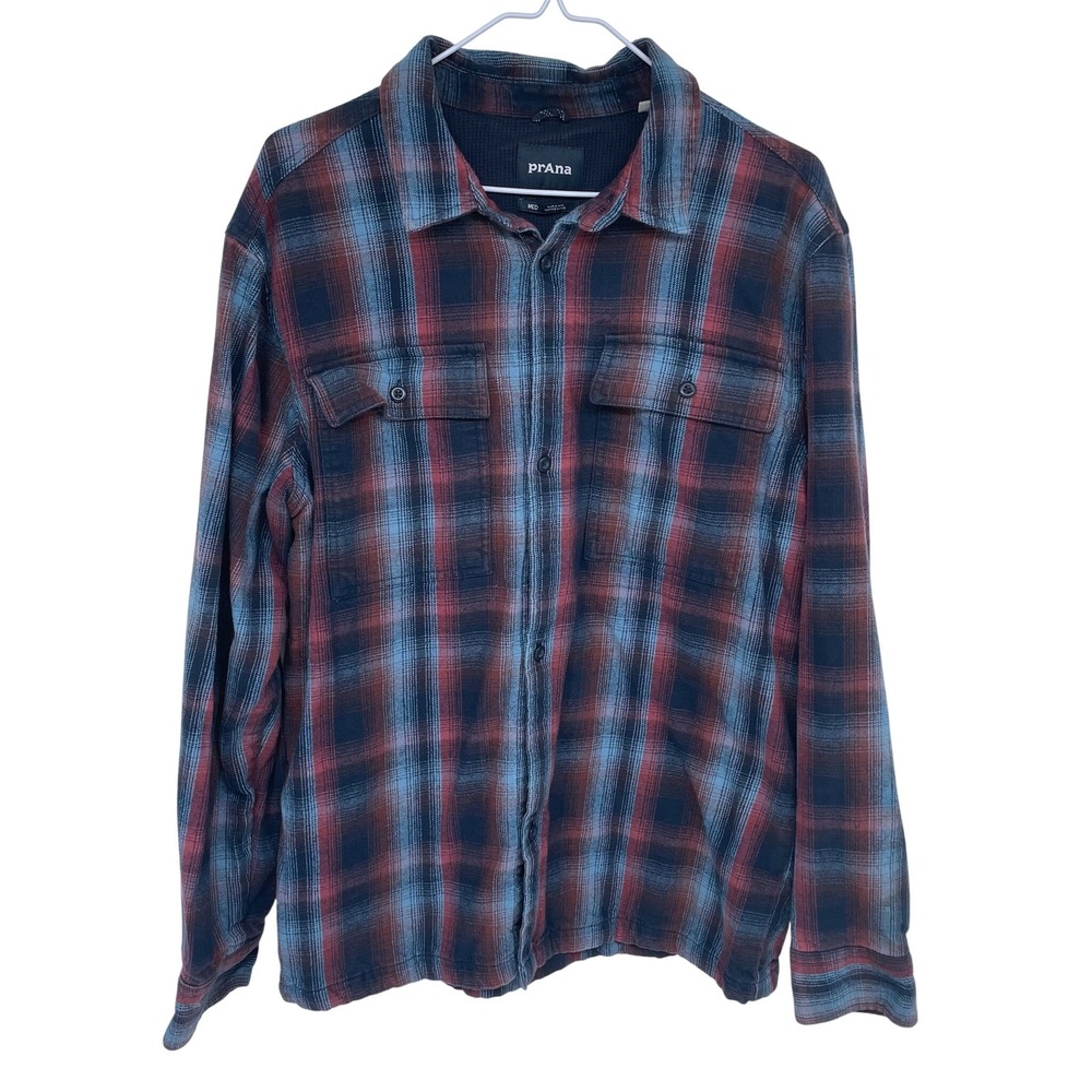 prAna Plaid Long Sleeve Thermal Flannel Shirt Jacket Medium‎ Blue Red Shacket